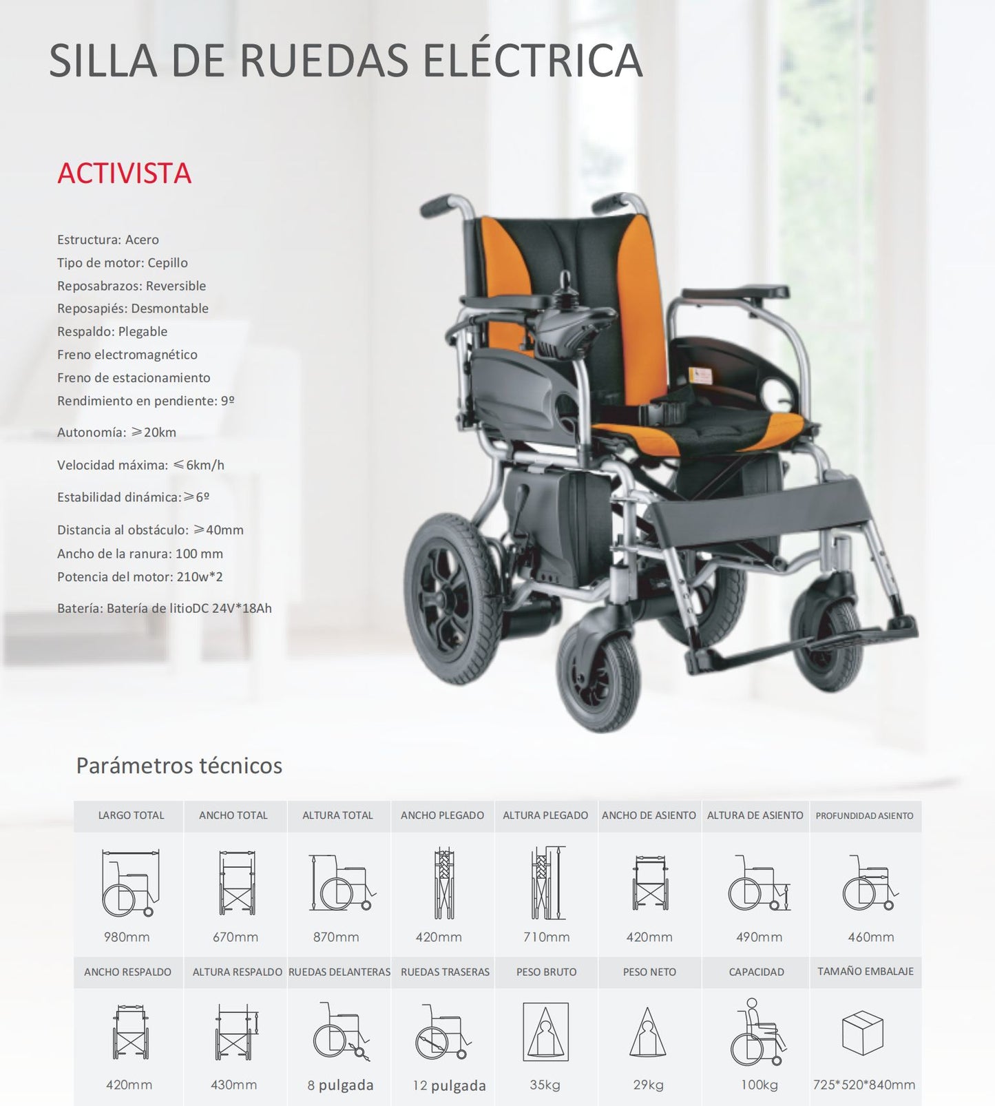 Silla de Ruedas Eléctrica/3 Años Garantía/Acero Plegable/20KM/29KG