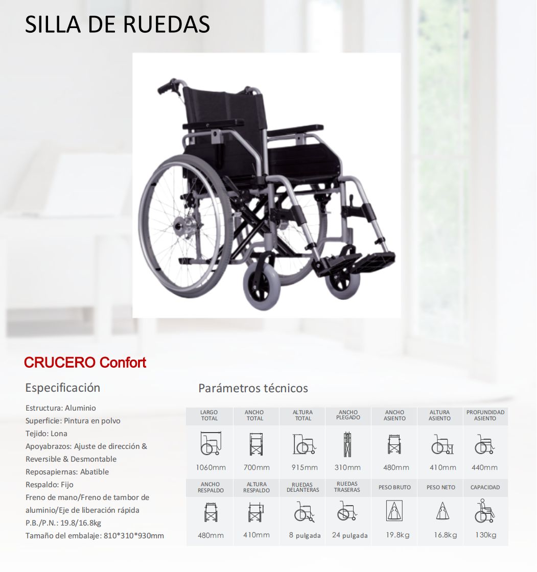 Silla de Ruedas Manual modelo Crucero Confort/Plegable y extraìble/Aluminio/Garantía de 3 años/Carga 130kg