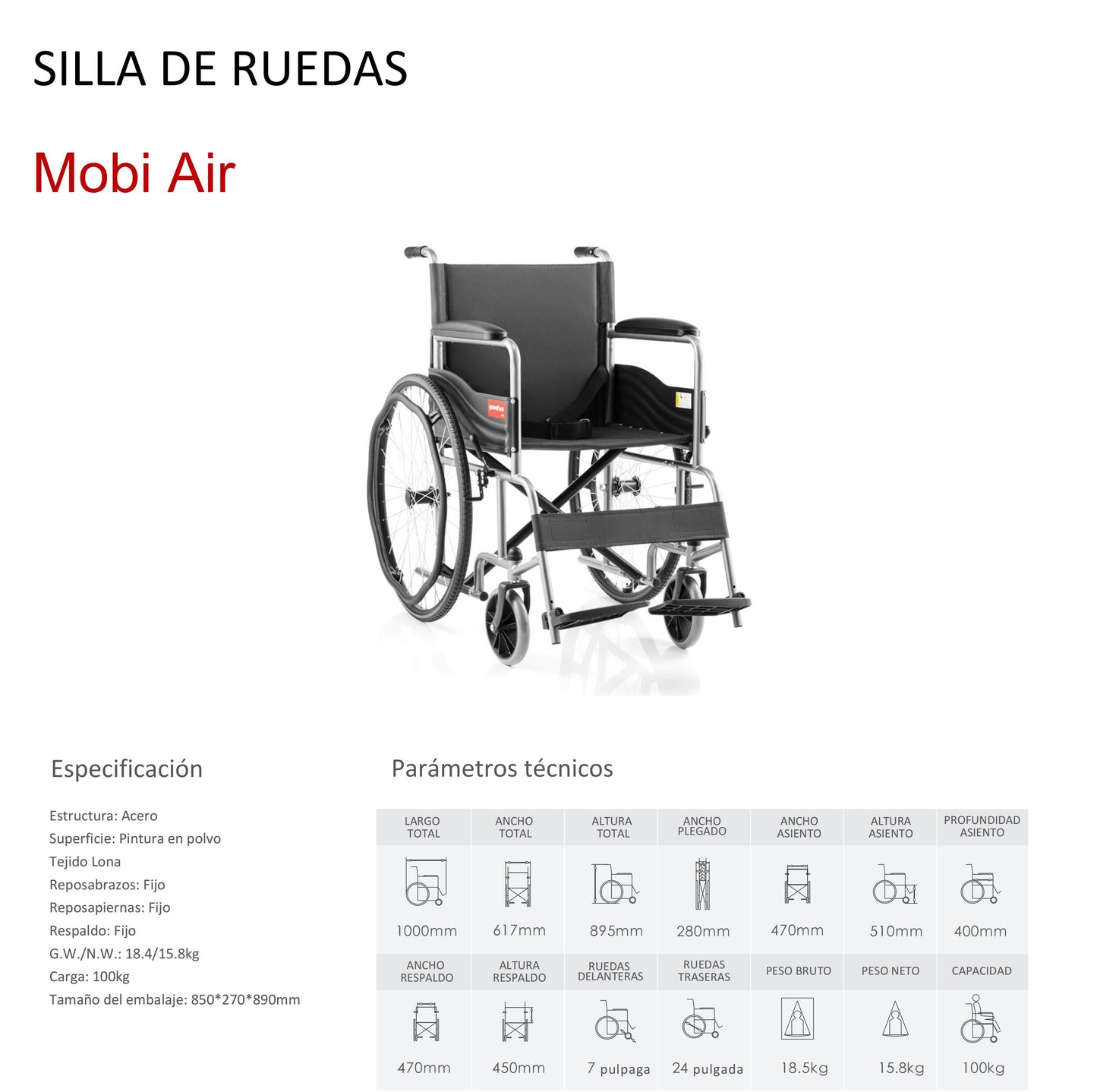 Silla de Ruedas Manual modelo Mobi Air/15.9KG/Acero Ligero/Garantía de 3 años/Carga 100kg[Envío GRATIS]