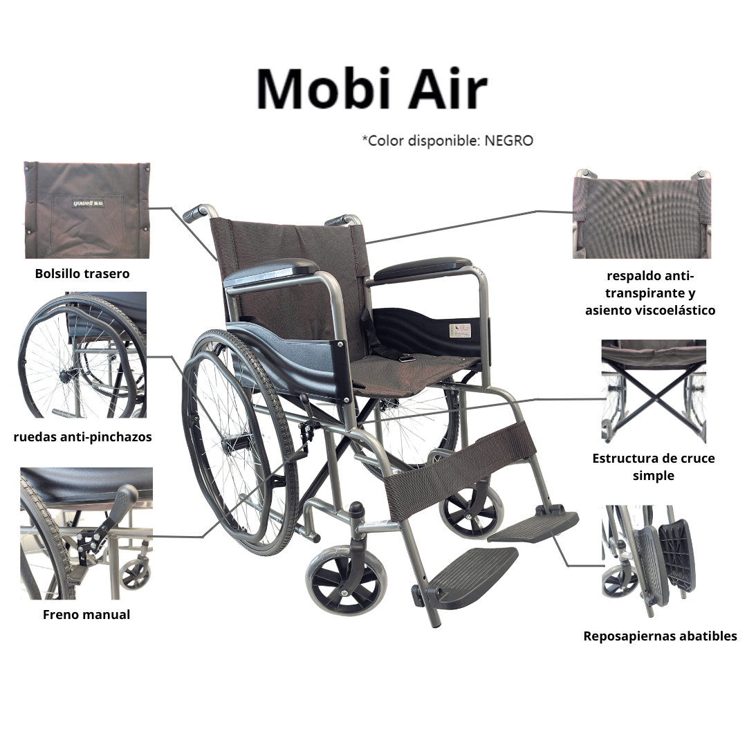 Silla de Ruedas Manual modelo Mobi Air/15.9KG/Acero Ligero/Garantía de 3 años/Carga 100kg[Envío GRATIS]