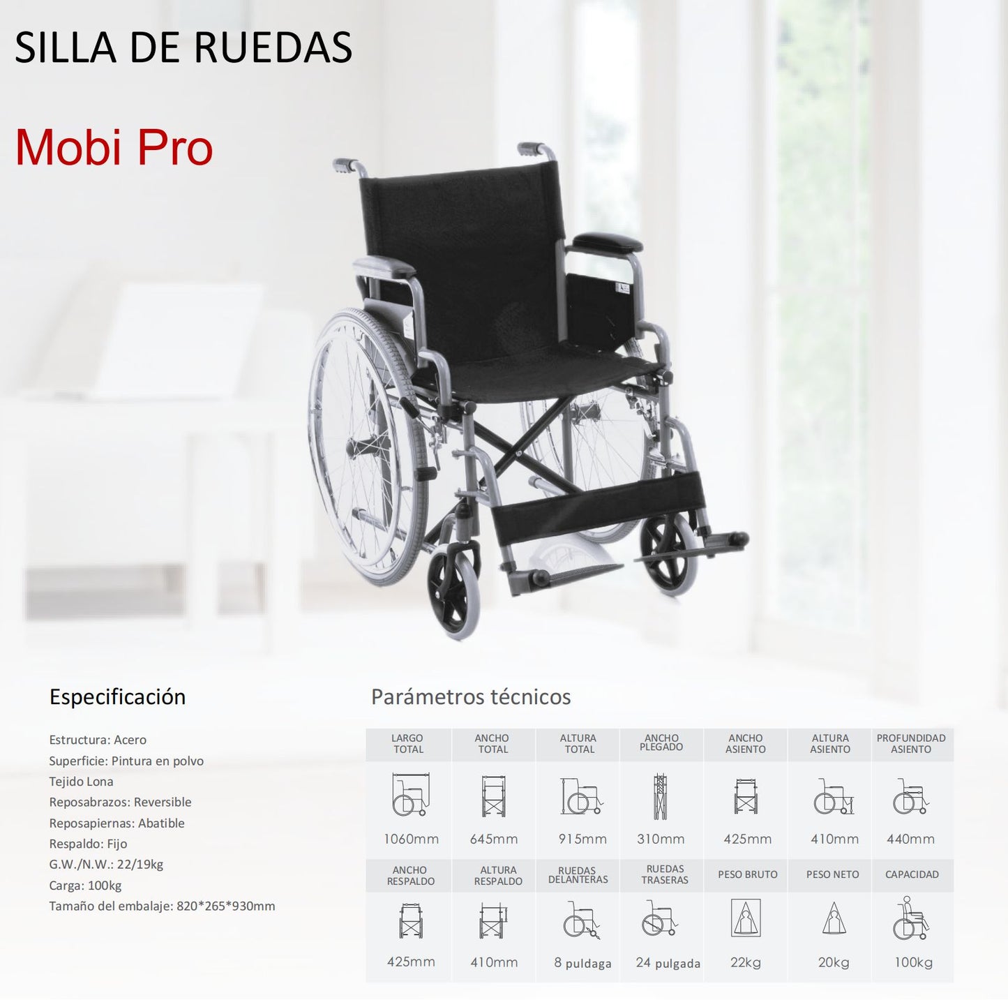 Silla de Ruedas Plegable Manual modelo Mobi Pro/Acero Ligero/Quick Release/Garantía de 3 años/Carga 100kg/20KG