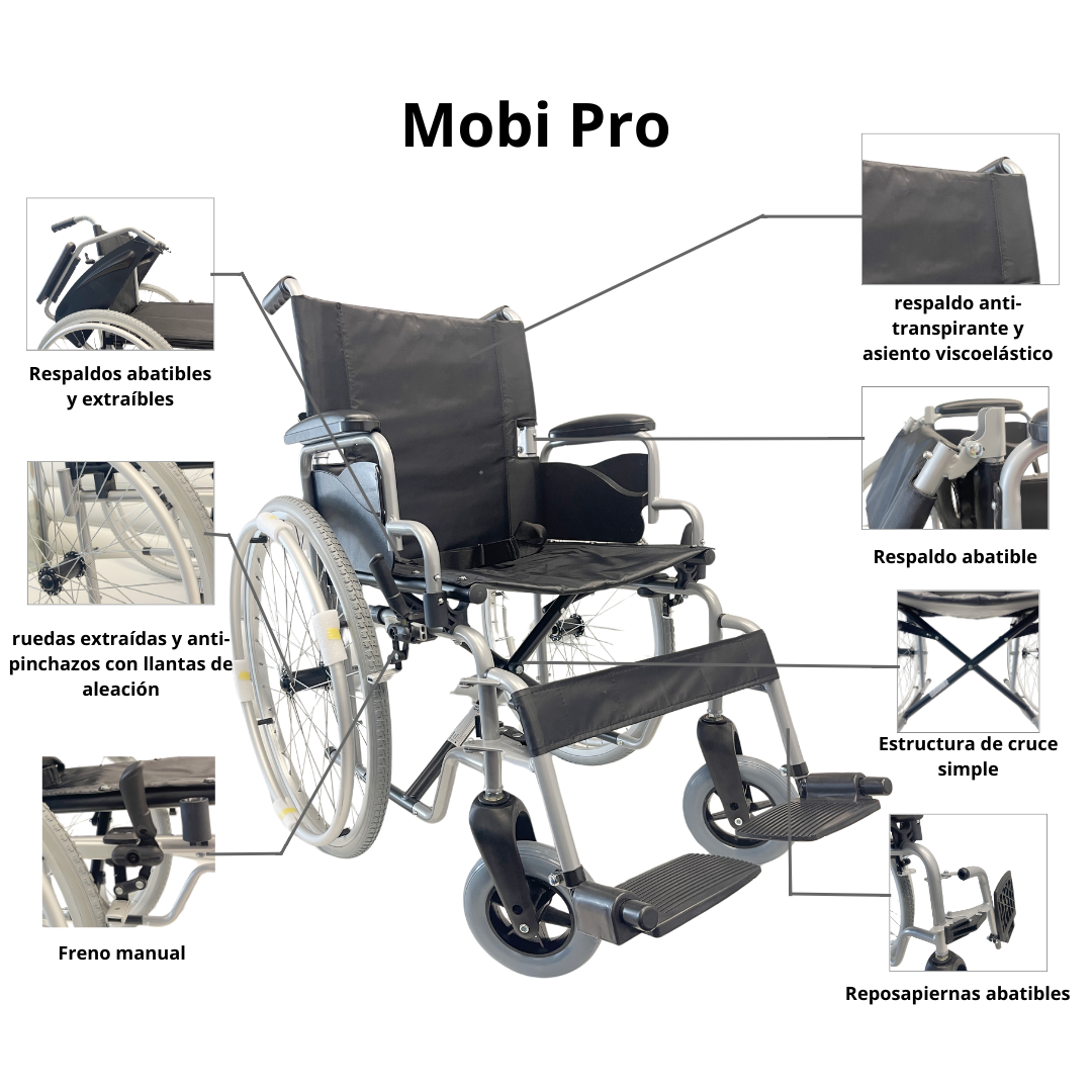 Silla de Ruedas Plegable Manual modelo Mobi Pro/Acero Ligero/Quick Release/Garantía de 3 años/Carga 100kg/20KG