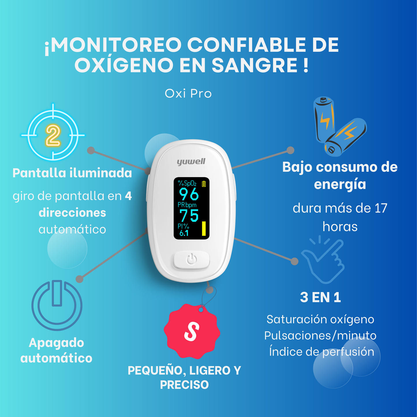 Pulsioxímetro de dedo OXI PRO/Índice de perfusión/Pantalla OLED/Detección de gravedad en pantalla/Alta calidad/3 años garantía