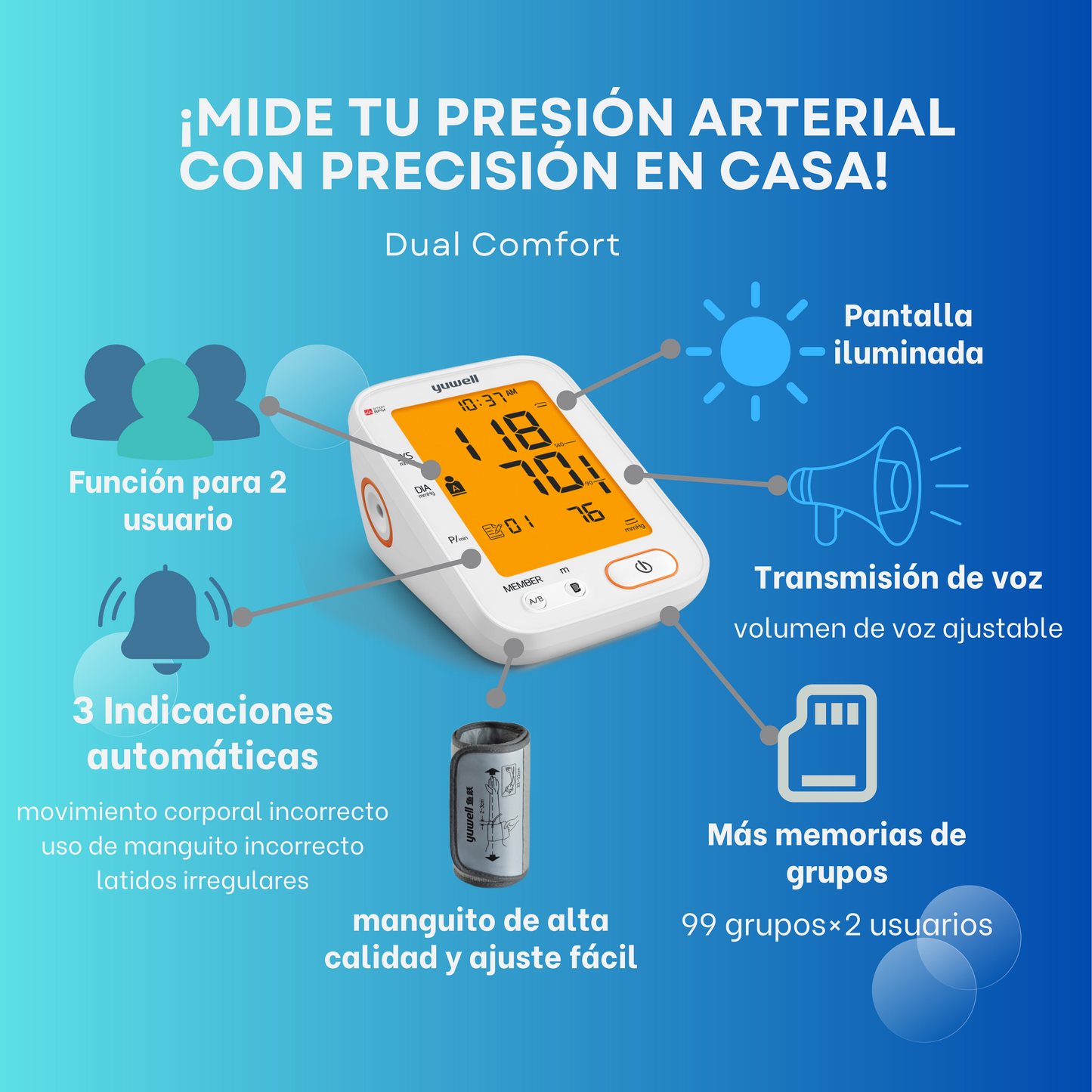 Tensiómetro Digital de Brazo/DUAL CONFORT/automático/Voz Español/Garantía de 5 años/Alta calidad